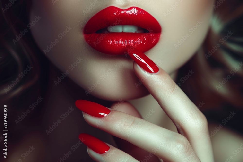 Fototapeta premium bold red lips and nails, an enticing allure, Generative AI