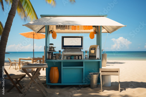 A picturesque view of a beachside food stand with a banner promoting electronic payments  demonstrating the integration of modern payment methods in leisurely settings.  Generative Ai.