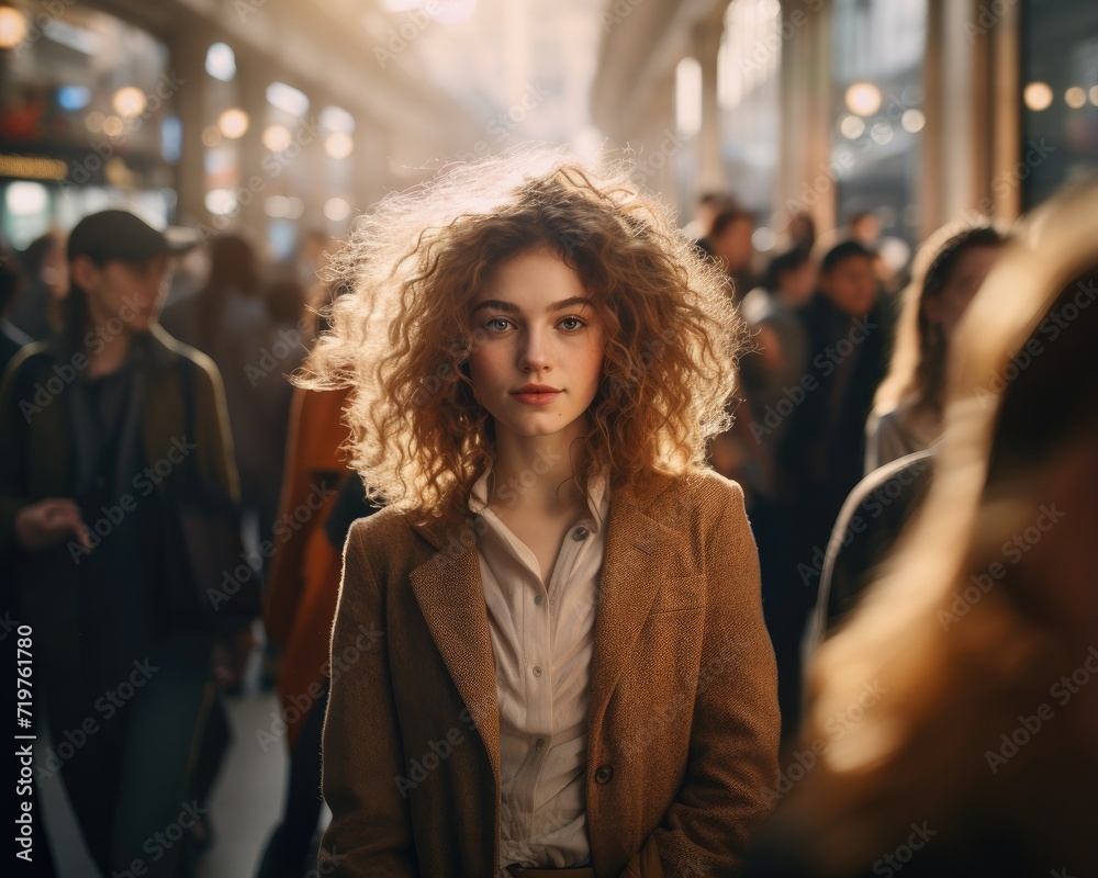 A woman with curly hair standing in a crowded area. Generative AI.