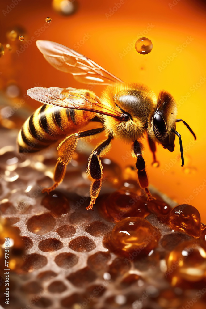 Vertical illustration. Close-up of bee portrait in hive on honeycomb making honey. Beekeeping, natural sweets and wax store. Orange. Web site. Concept of labor, nectar production Vertical illustration. Close-up of bee portrait in hive on honeycomb making honey. Beekeeping, natural sweets and wax store. Orange. Web site. Concept of labor, nectar production