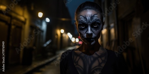 A woman with a black face paint and spider makeup stands in an alley. Generative AI.