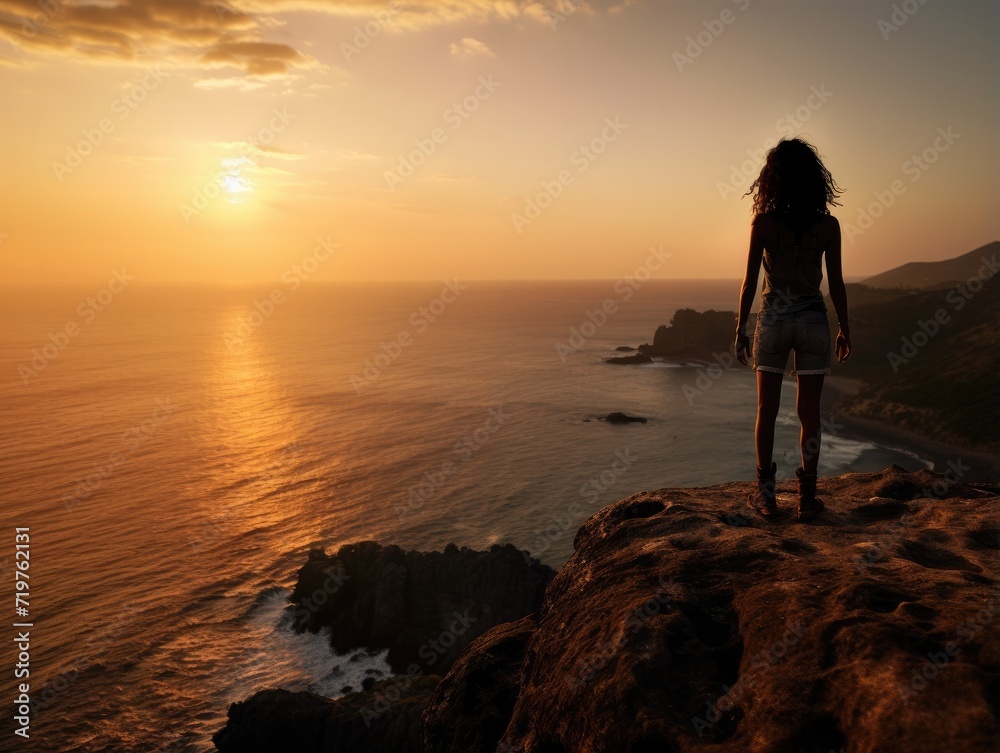 A woman standing on a cliff overlooking the ocean at sunset. Generative AI. A woman standing on a cliff overlooking the ocean at sunset. Generative AI.