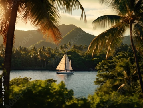 A sailboat in the ocean surrounded by palm trees. Generative AI.