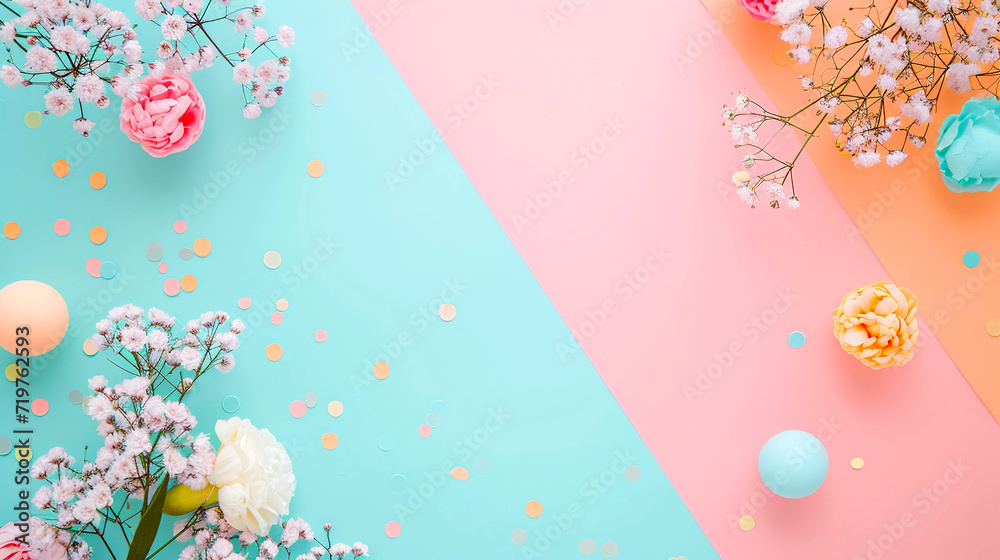 Abstract floral diagonal background in pastel colors. White carnation and gypsophyla turquoise background. Confetti and white delicate flowers on peach and pink background. Banner with copy space.