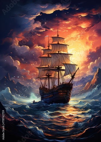 sea storm ship moon dreamy fantasy mystery tarot illustration art tattoo poster card night