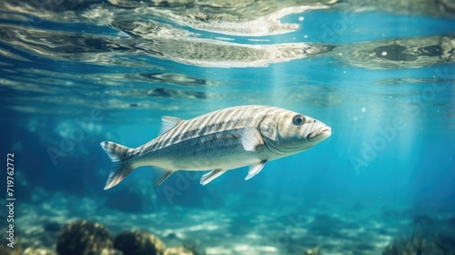 Closeup of a fish swimming in clear water, showcasing responsible and sustainable fishing practices for the wellbeing of marine life.
