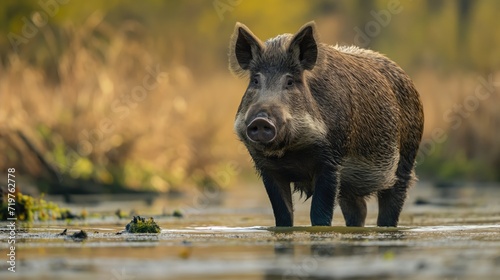 Wild boar in grass in water