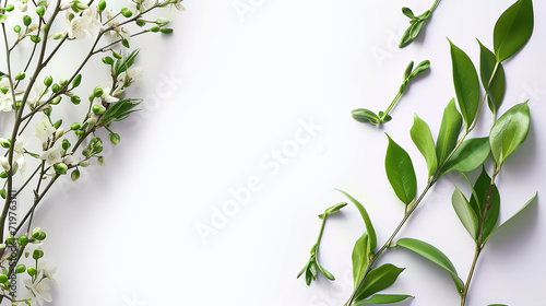 Spring floral banner with cherry plum branch at the beginning of flowering on a white background with space for text. Minimalism. Spring greenery on a white background. View from above.