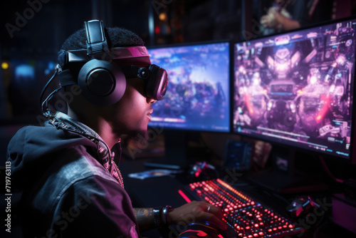 A gaming enthusiast participating in the virtual economy by buying in-game items with digital currency, showcasing the integration of virtual and real-world economies. Generative Ai. © Sebastian
