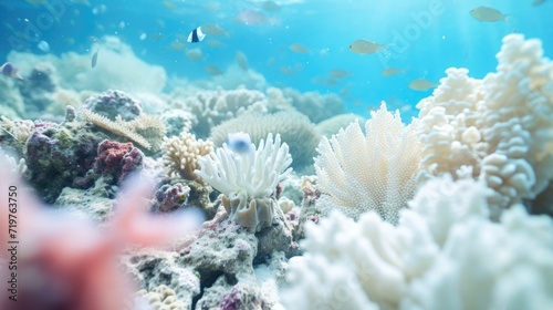 Closeup of a coral bleaching event, showcasing the devastating effects of pollution on marine life. photo