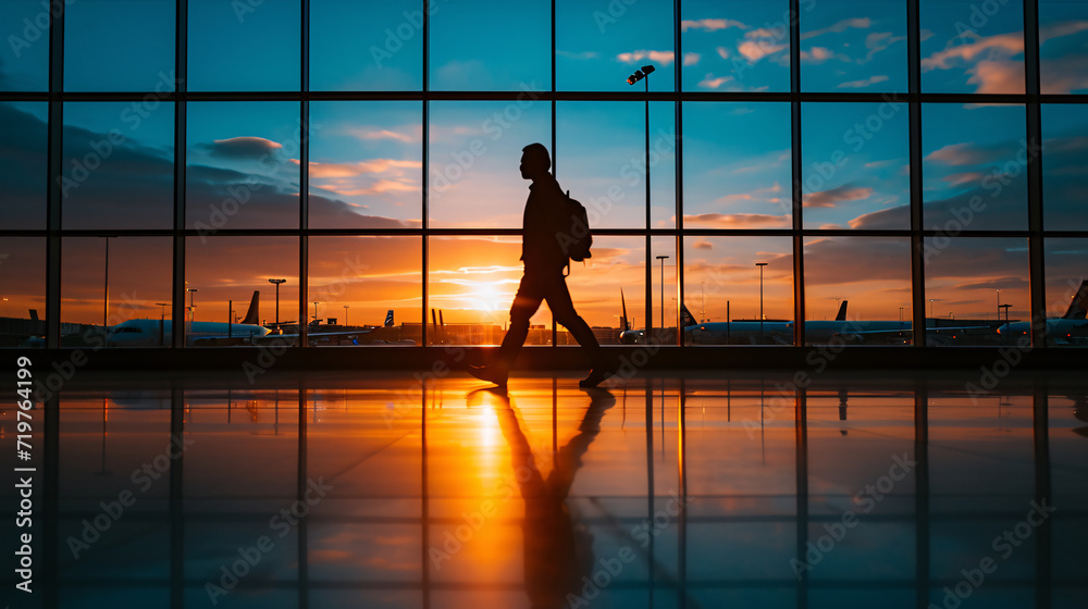 An unrecognizable person walking in the airport with the sunset behind him, travel concept.