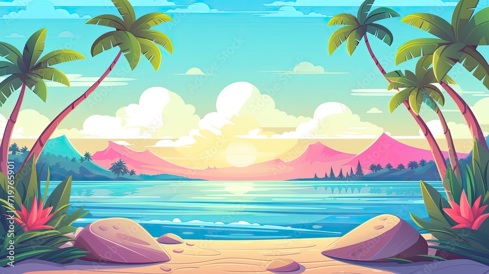 cartoon illustration tropical beach swith palm trees, calm waters, and distant mountain