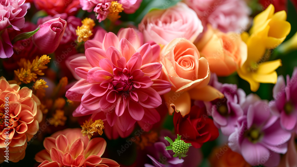 Background of beautiful summer flowers - roses, gerberas, lush dahlias, close-up. Selective focus. The art of creating bouquets. Floristics. Floral texture. Create an attractive image for your flower. Background of beautiful summer flowers - roses, gerberas, lush dahlias, close-up. Selective focus. The art of creating bouquets. Floristics. Floral texture. Create an attractive image for your flower.