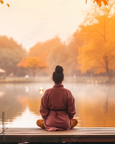 rising meditation silence reflection rest lake landscape silence photo zen relaxation lonely woman photo
