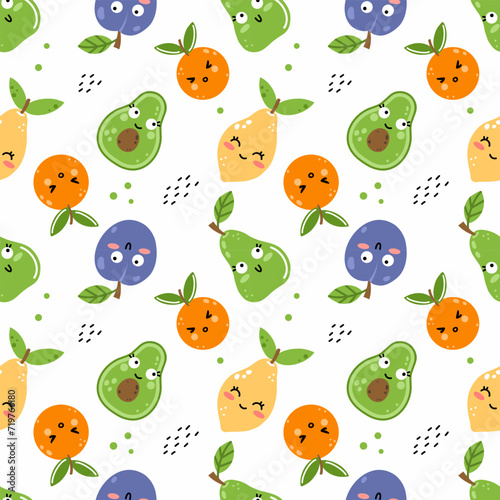 Funny cute happy fruits with smile on their face. Endless seamless pattern for printing on fabric and wrapping paper. Wallpaper for baby room.