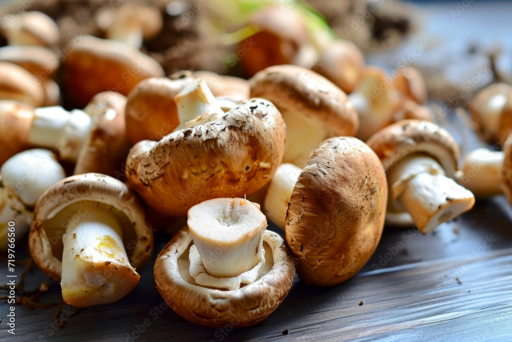Meaty mushrooms. Backdrop with selective focus and copy space Meaty mushrooms. Backdrop with selective focus and copy space