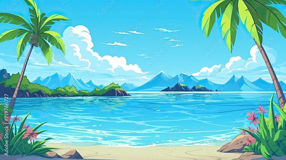 cartoon illustration tropical beach swith palm trees, calm waters, and distant mountain