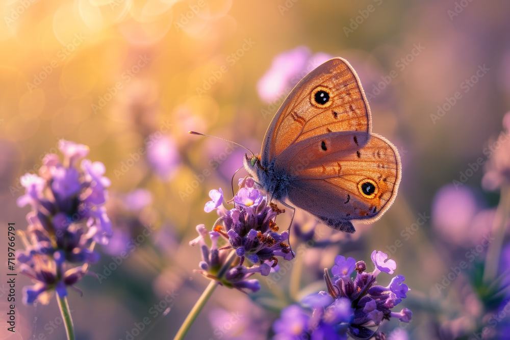 Obraz premium Butterfly on spring wildflowers. Backdrop with selective focus and copy space