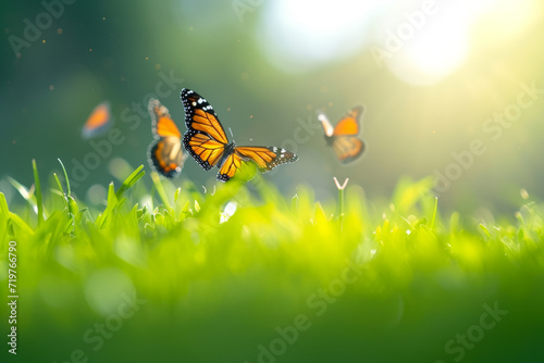 Butterfly on the spring grass. Backdrop with selective focus and copy space