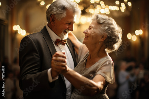 Elderly couple dancing at a family wedding, capturing the enduring joy of life and celebration. Concept of continued social engagement and happiness in later years. Generative Ai.
