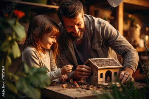 A family building a birdhouse together  fostering teamwork and nature appreciation. Concept of family projects and wildlife care. Generative Ai.