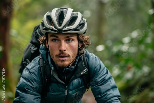 A man in a bicycle helmet. Backdrop with selective focus and copy space