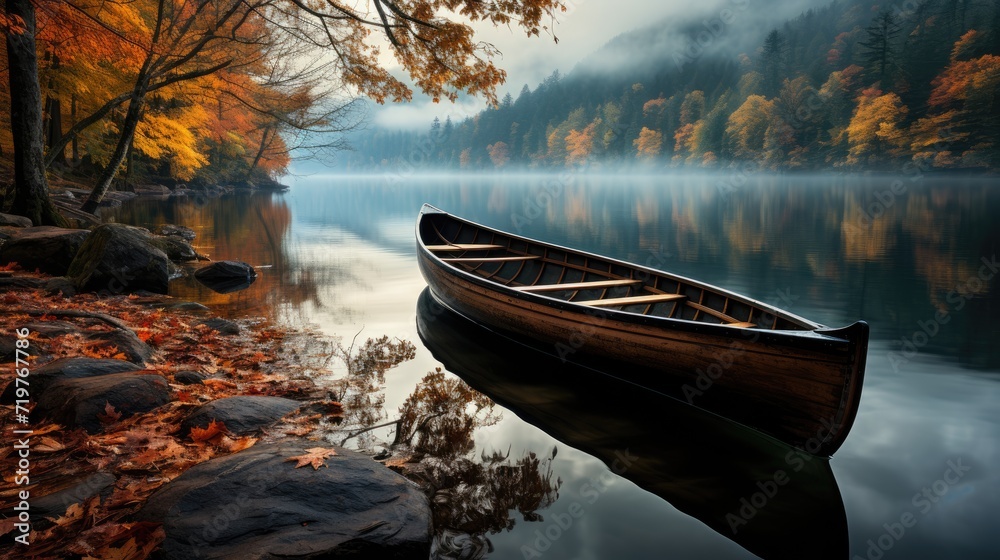 boat lake autumn tranquility grace landscape zen harmony rest calmness unity harmony photography - obrazy, fototapety, plakaty 