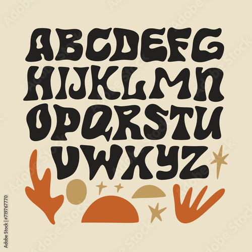 Hippie bohemian groovy postmodern funky font alphabet 1960s boho psychedelic. Perfect for posters, collages, clothing, music albums and more. Vector clipart illustrations, isolated letters. Matisse