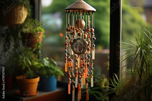 A homemade wind chime project, using recycled materials for a melodious creation. Concept of eco-friendly crafts and sound art. Generative Ai.