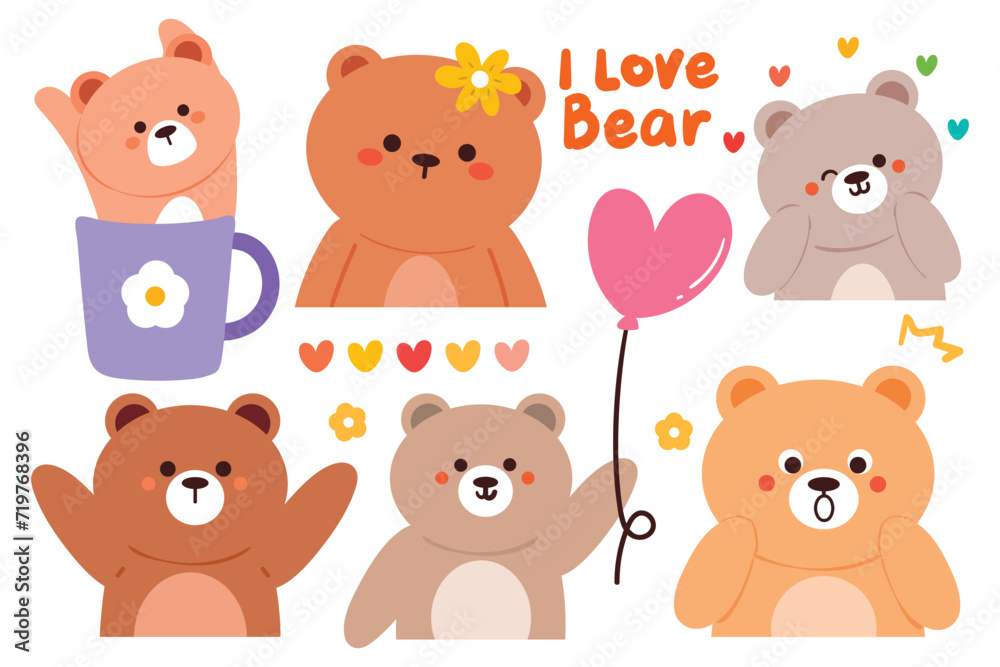 hand drawing cartoon bears. cute animal doodle for sticker, icon. cute animal sticker set