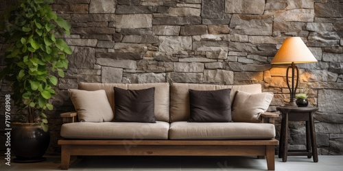 Contemporary sofa in living room with stone wall and lamp