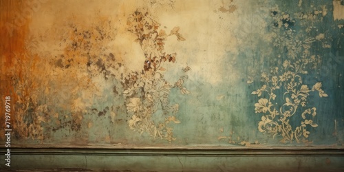 Old decorative pattern on grunge wall provides vintage ambiance.