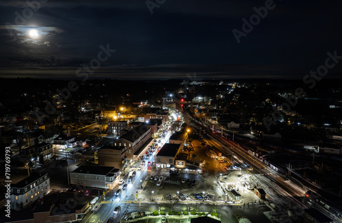 Aerial view of Ayer  Massachusetts at night during winter 