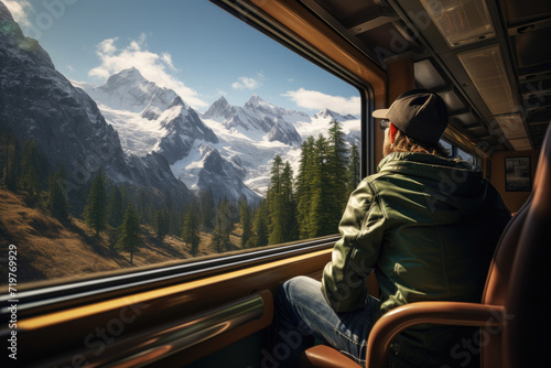A traveler taking a scenic train journey through dramatic landscapes, enjoying the journey as much as the destination. Concept of scenic travel and enjoying the ride. Generative Ai.