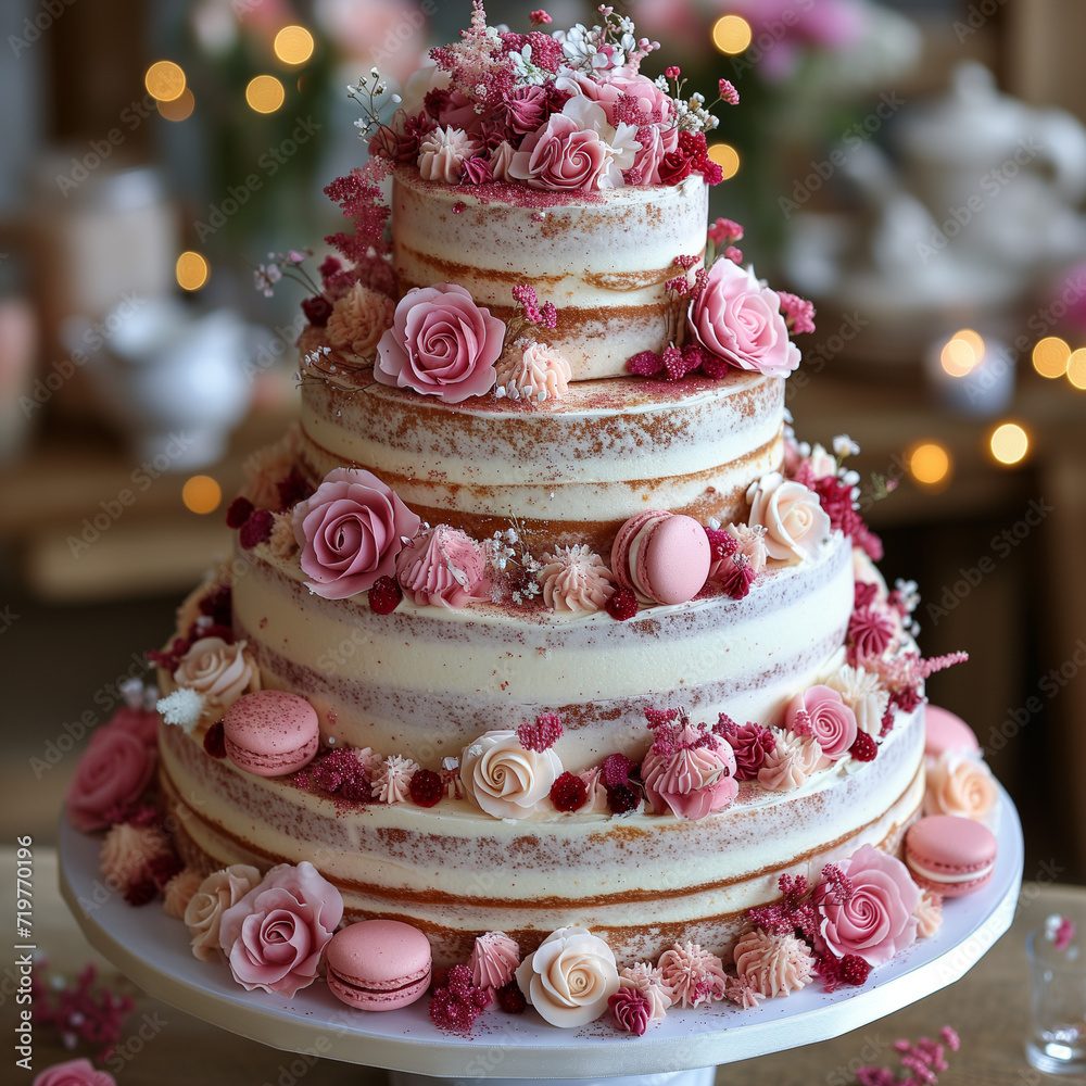 Big birthday or wedding cake. Many lyers, cream, decoration and marzipan flowers Big birthday or wedding cake. Many lyers, cream, decoration and marzipan flowers