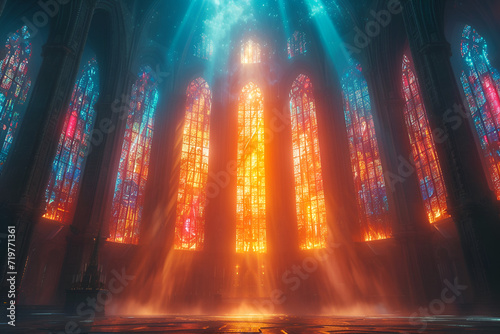 A mystical cathedral with breathtaking stained glass windows. Created with generative AI.