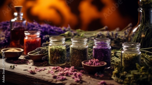  A spa-themed background with an assortment of herbal teas  emphasizing the rejuvenating aspect of spa treatments.   