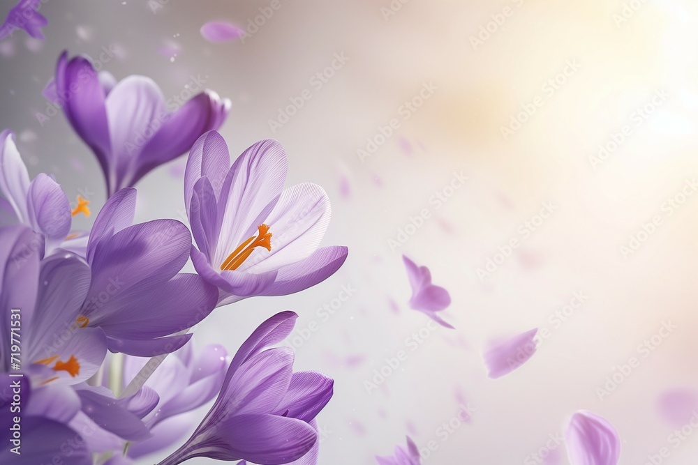 Blooming purple crocus flowers on a sunny spring day. Spring awakening concept.