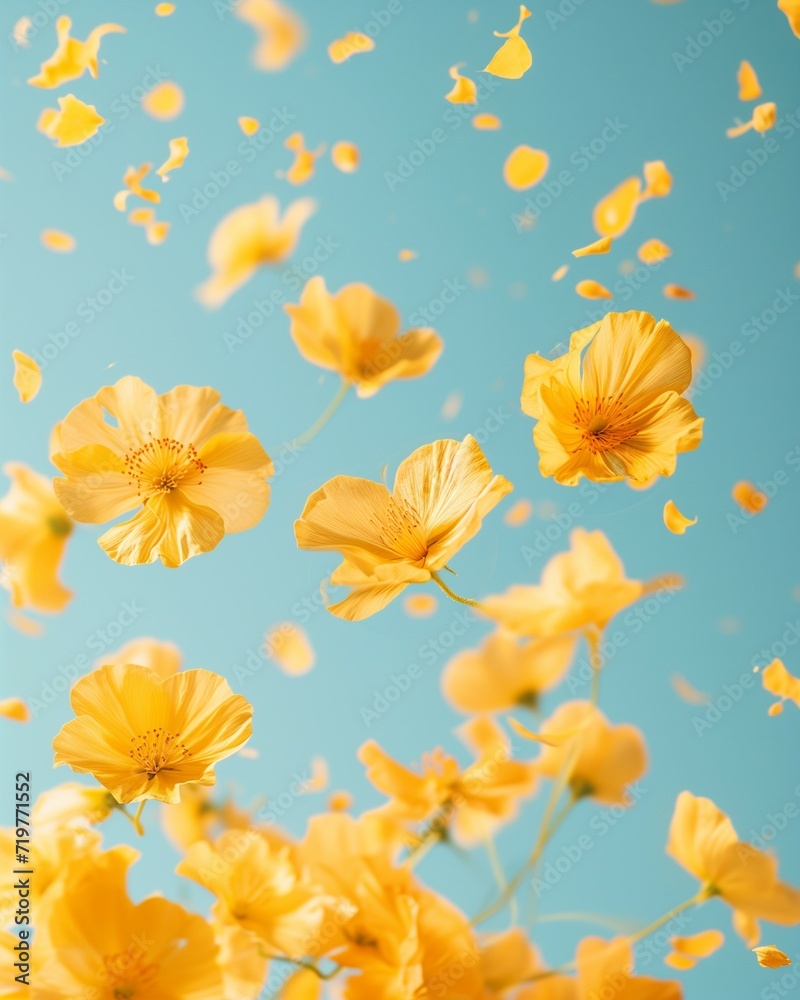Fresh spring yellow flowers in the air, on clear blue sky. Spring awakening concept. Fresh spring yellow flowers in the air, on clear blue sky. Spring awakening concept.