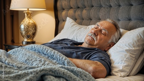 an older man with a mustache is sleeping in a bed with a white and grey headboard, white sheets, and a blue blanket. The room has a nightstand with a lamp on it.