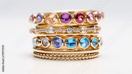 
An image of stackable rings with various gemstones, allowing for personalized and customizable jewelry styling.