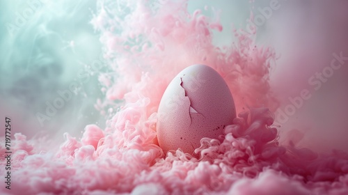 Pink Easter egg with a broken shell into pieces. Creative Easter concept. photo