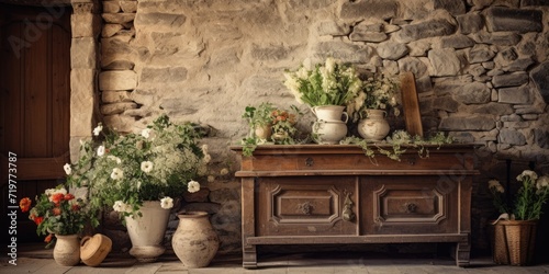 Antique interior decor with a wild flower bouquet in an old house, surrounded by stone and wooden walls, exuding an atmosphere of antiquity.