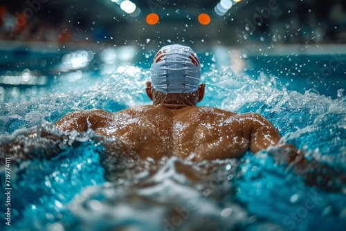 Male swimmer athlete in a swimming pool. Background with selective focus and copy space © top images