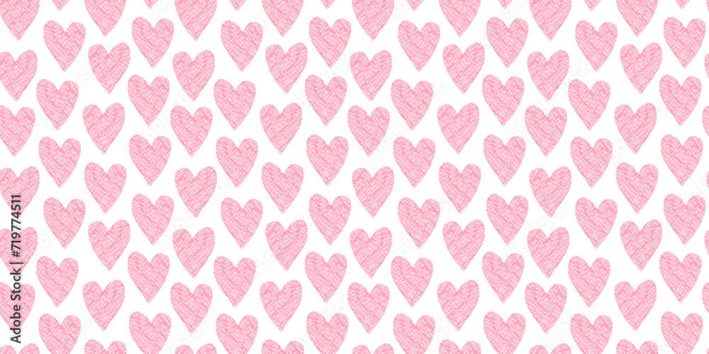 Cute seamless pattern with bright pink hand drawn textured hearts on white background. Lovely vector texture with pastel candy color doodle heart shapes for St. Valentines wrapping paper, textile