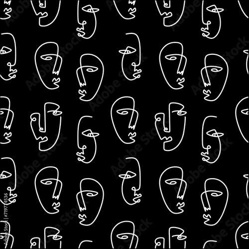 One line minimalistic brush grunge abstract face fashion seamless pattern. Vector illustration. Modern contemporary art  trendy continuous drawing. Cubism artistic linear portrait.