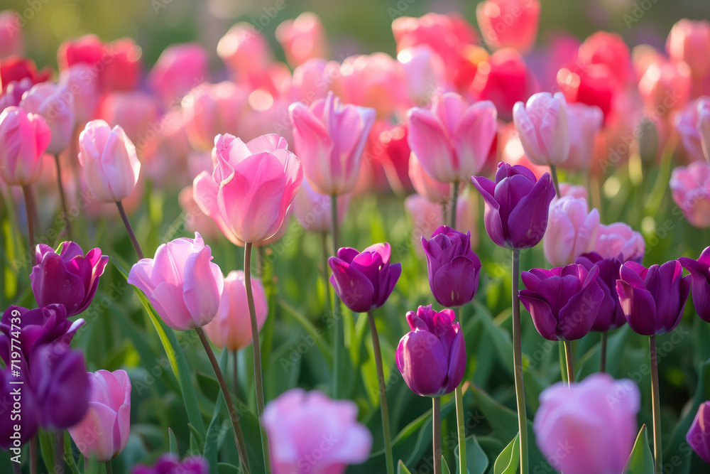 Flowerbed with spring tulips. Background with selective focus and copy space
