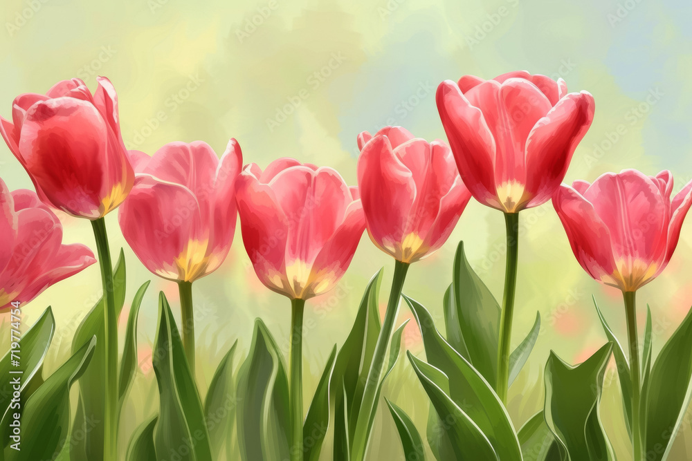 Spring tulips, drawing. Background with selective focus and copy space