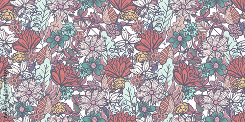 Tender pastel blue and maroon pink doodle floral seamless pattern with mess of flowers and leaves. Childish botanical texture for textile, wrapping paper, background, wallpaper © Tatahnka