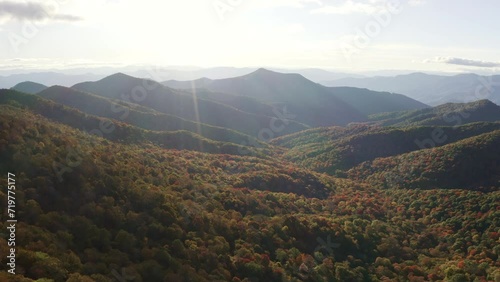 Smokey mountain park at sunset golden hour in the fall autumn drone view photo